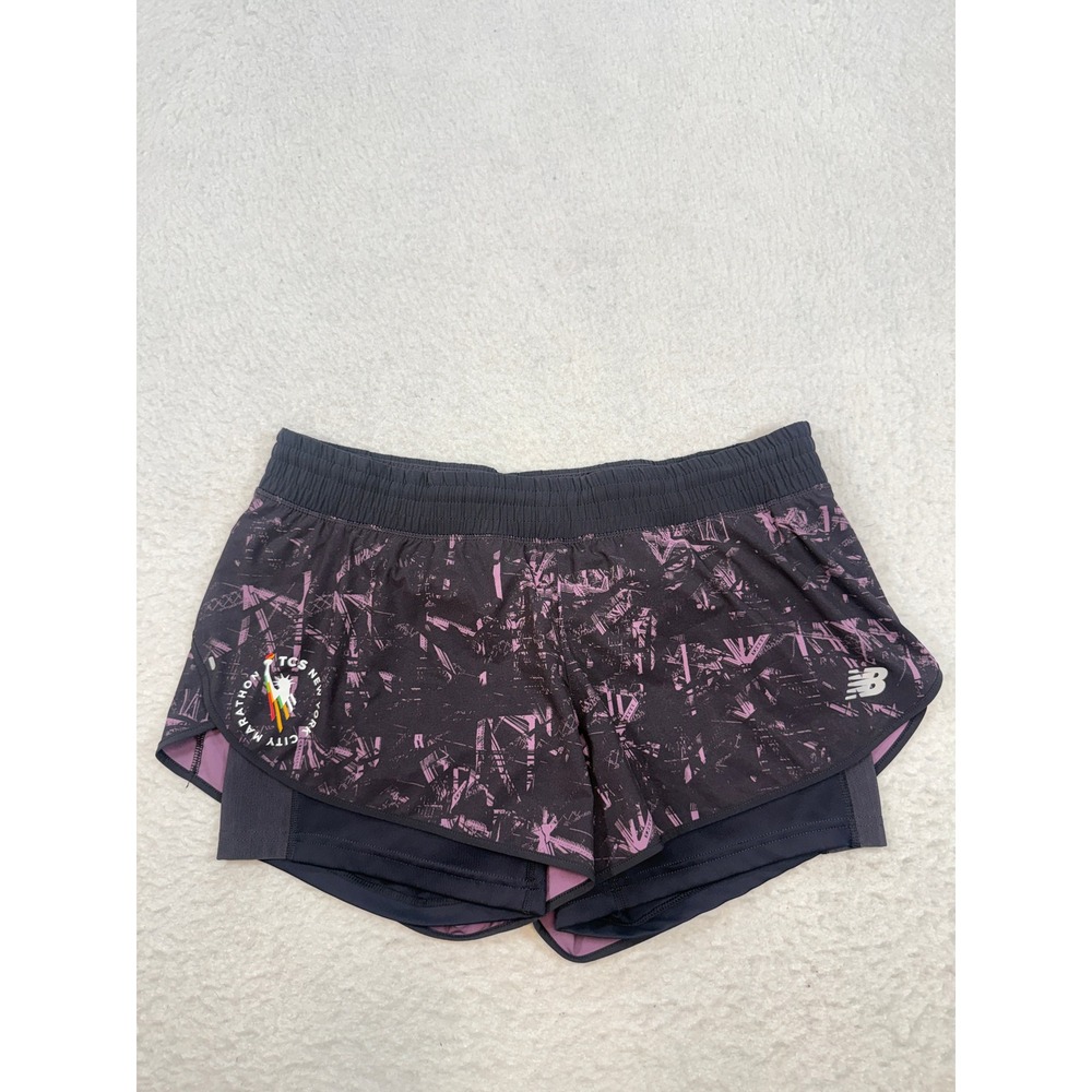 New Balance TCS NYC Marathon Running Shorts Womens Large Purple Black 2-in-1
